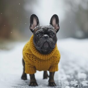 a french bulldog wearing yellow sweater on snowy road.