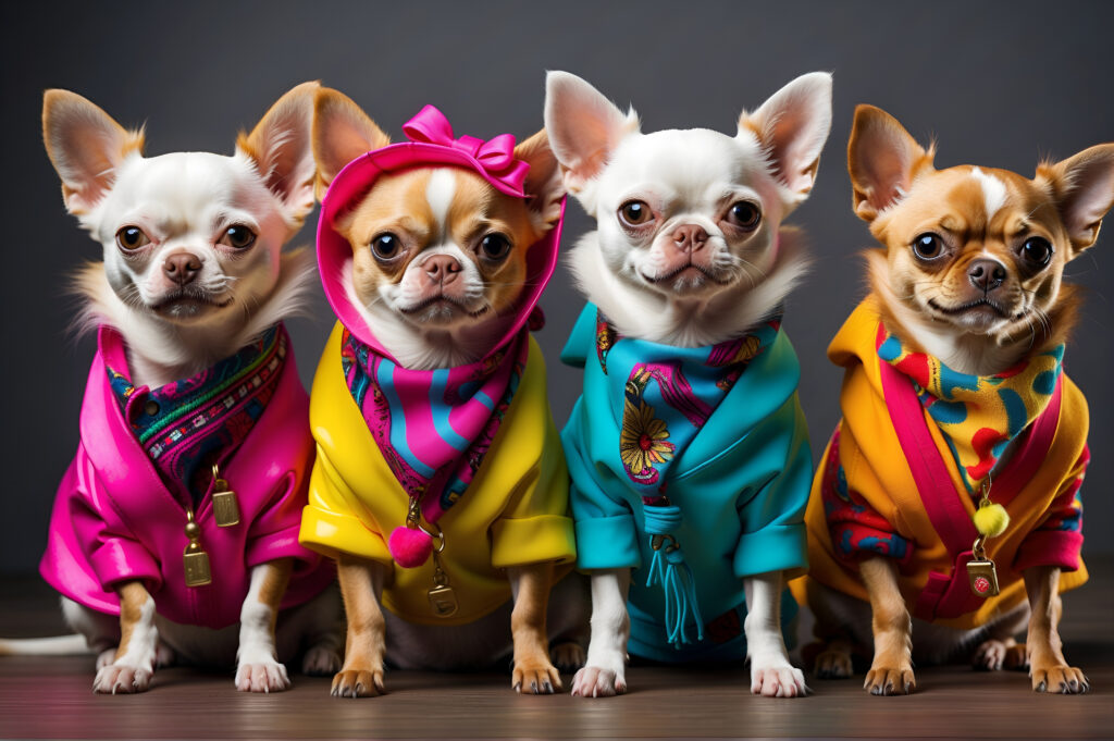 Chihuahuas lined up with designer clothes like a fashion show.