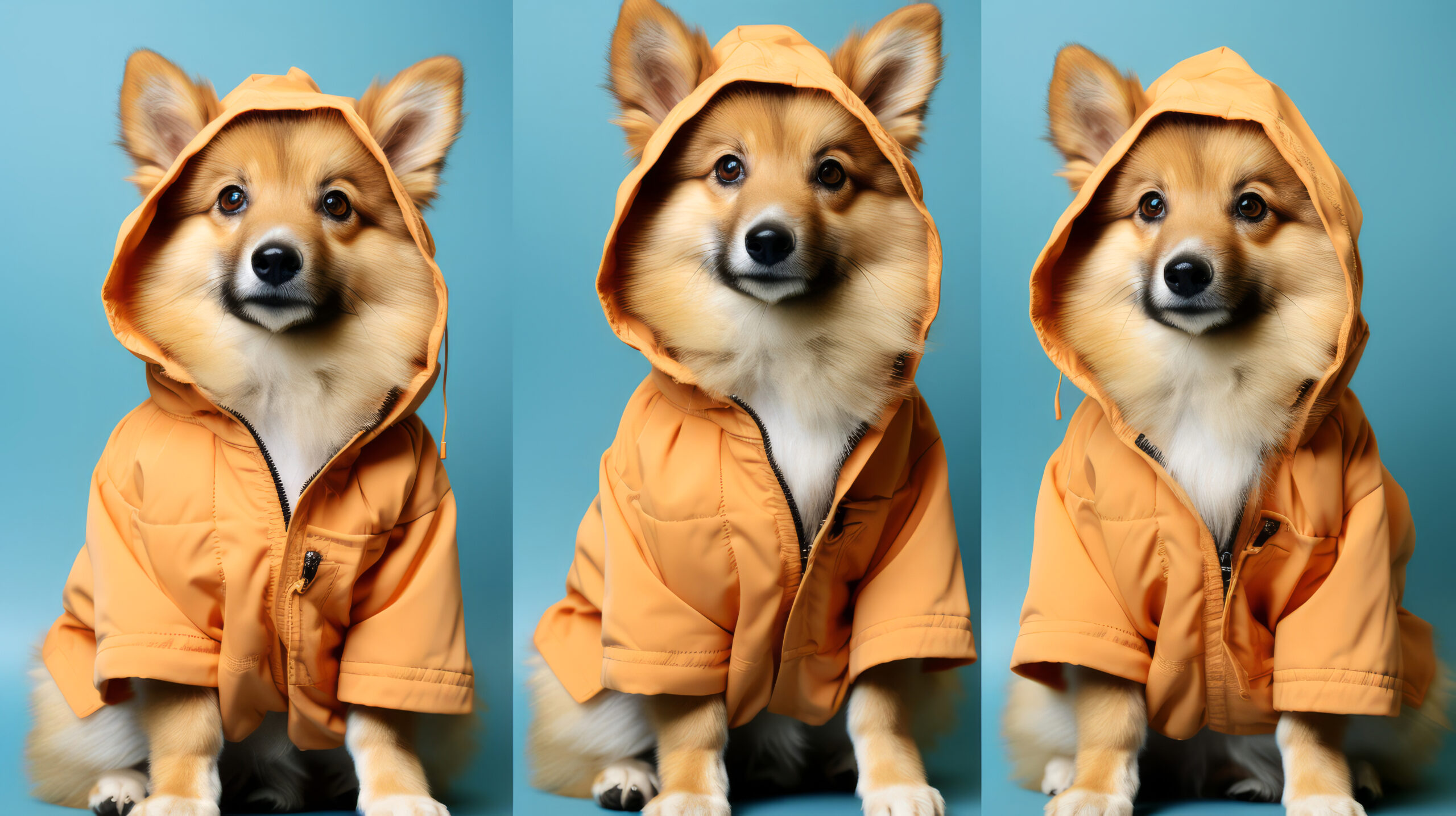 Collage of cute corgi dog in raincoat on color background.