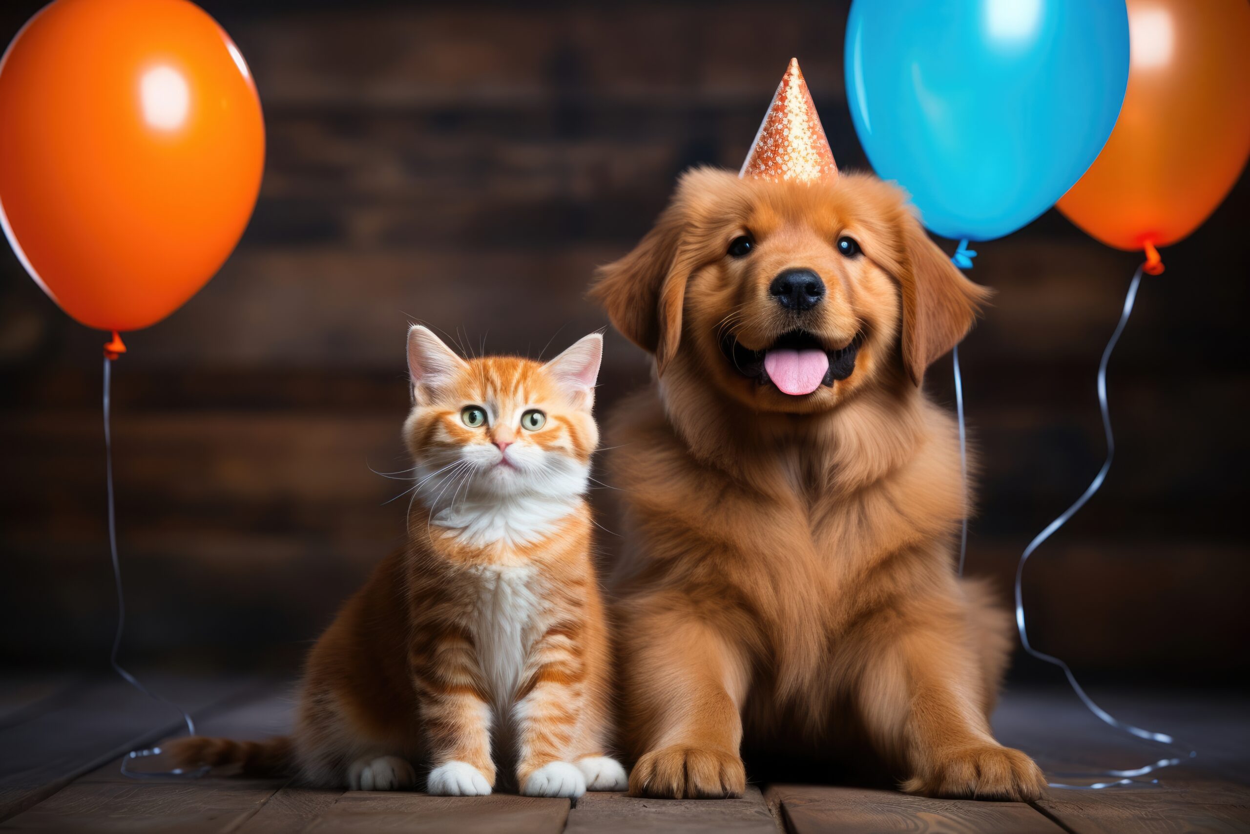 Cute adorable birthday red dog in party hat with kitten cat sitting on wooden background with balloons. Greeting card for holiday. Animals and pet concept.