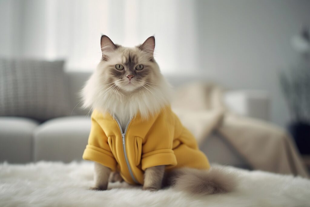 vecteezy_persian-cat-in-yellow-jacket-sitting-on-the-floor-in-the-room_25530503